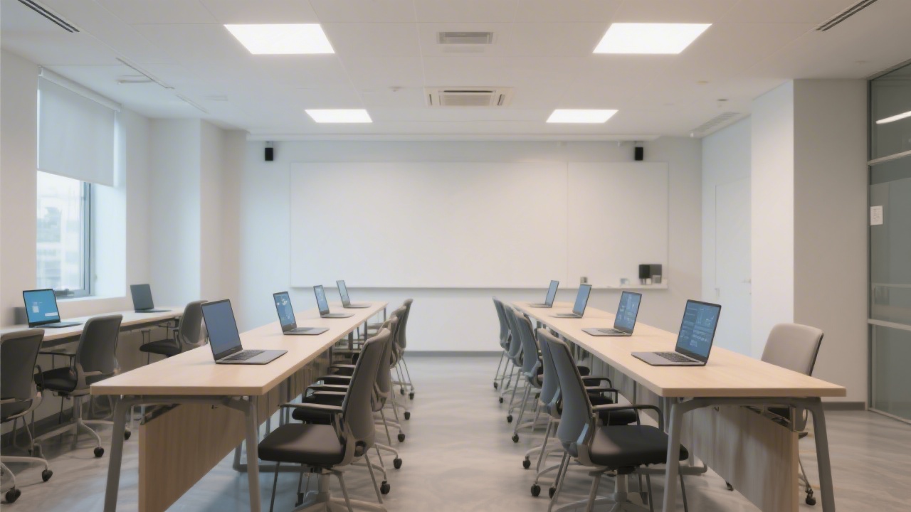 Modern training space with minimalist design, long tables, laptops, and soft lighting, conveying a calm, professional environment for collaborative digital learning.