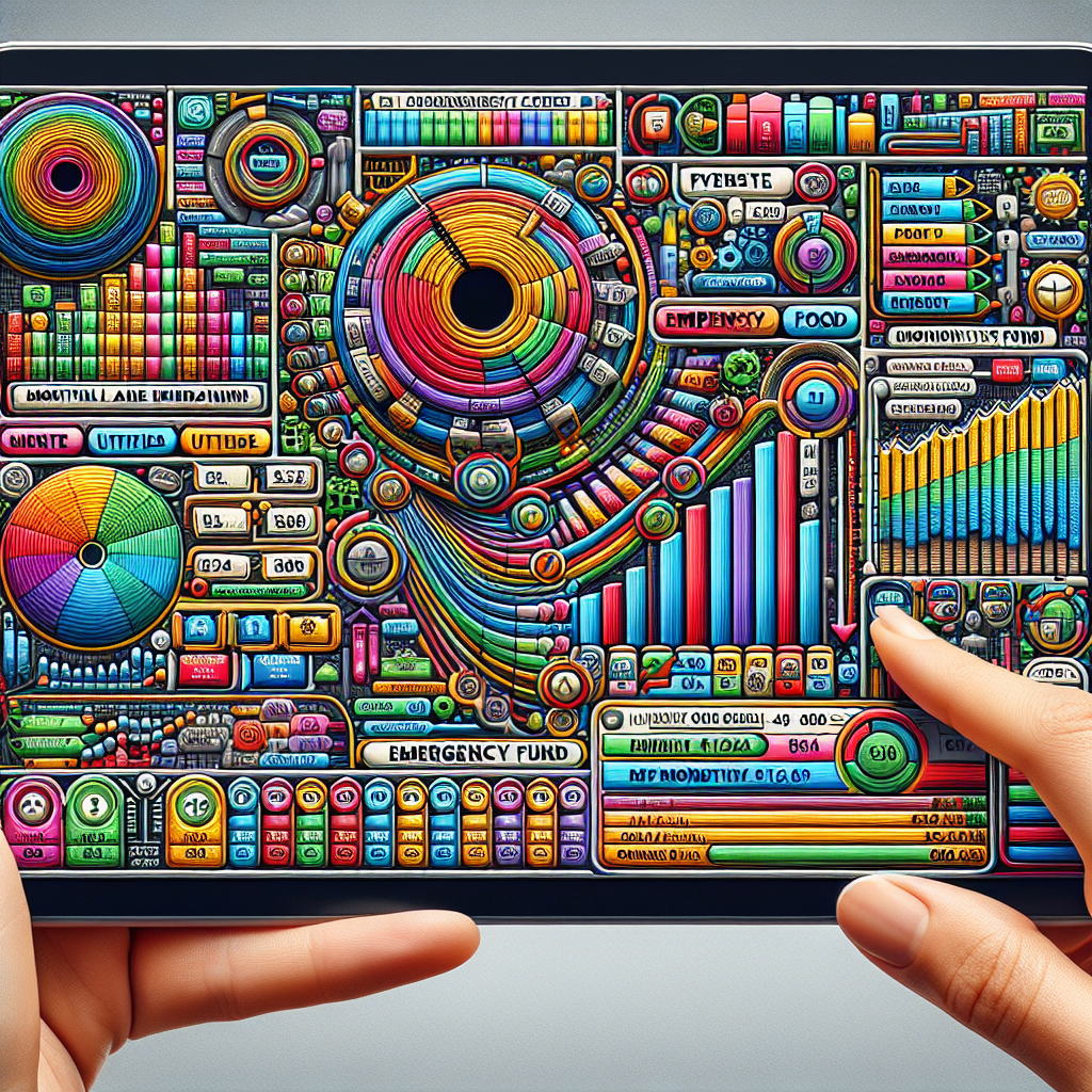 Close-up of colourful financial dashboard showing expense categories, emergency fund progress bars, and monthly cash flow metrics on tablet held by emerging entrepreneur.