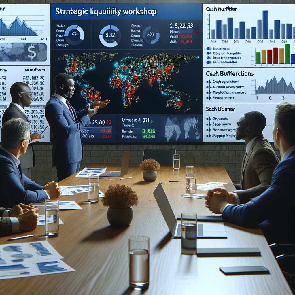 Consultant presenting market demand heatmaps, cash buffer projections, and supplier payment timelines to Ghanaian SME owner during strategic liquidity workshop.