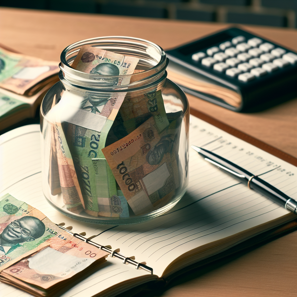 Transparent savings jar filled with cedi notes beside planner, symbolising disciplined emergency fund habits for Ghanaian households building resilience against income volatility.