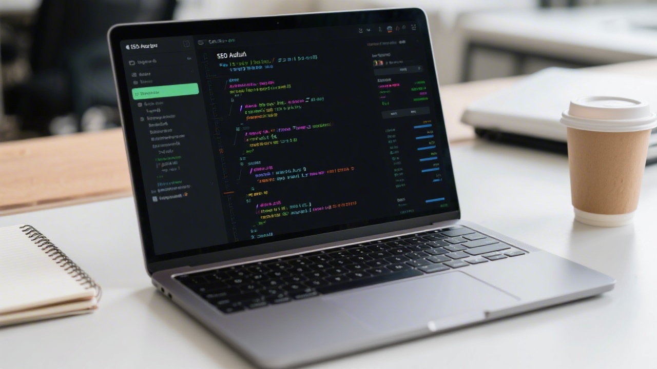 Close-up of a laptop displaying code and SEO audit results, with a notebook and coffee nearby, representing practical digital system work in a modern workspace.