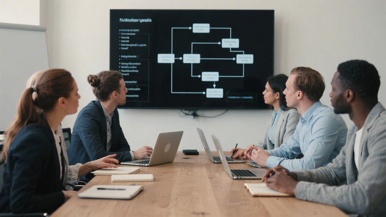 Team reviewing a structured workflow diagram on a large screen, with laptops and notebooks on a long table, showing collaborative planning for digital systems.